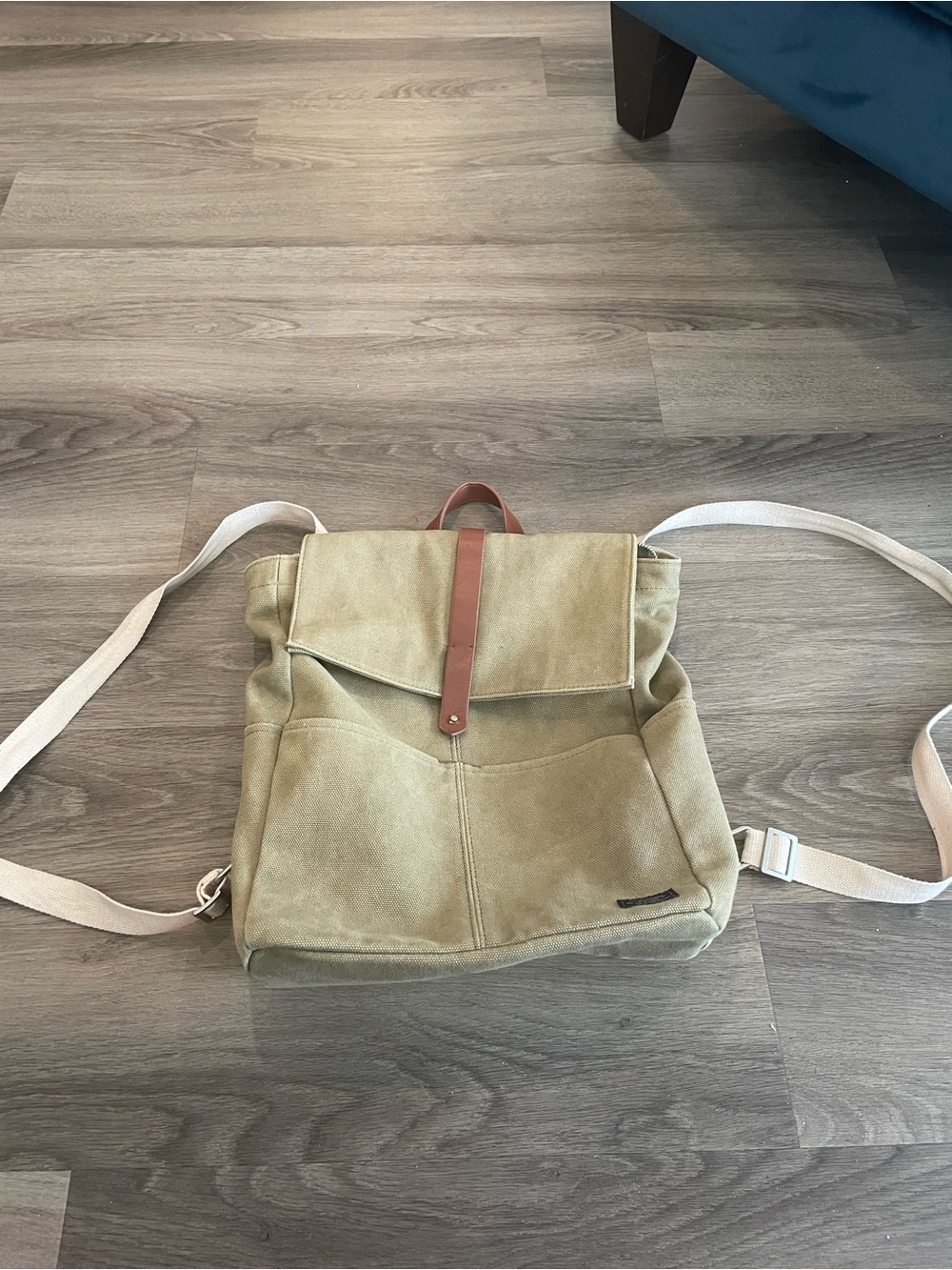 AF Canvas Backpack with Brown Leather Trim - Olive Green
